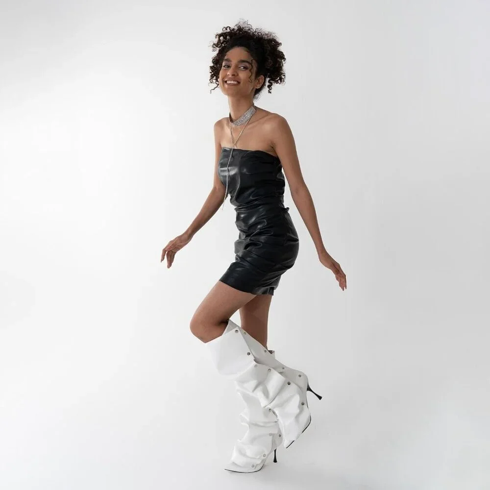 Women White Suede Detachable Snap-off Panel Fold Over Fall Shark Knee High Boot
